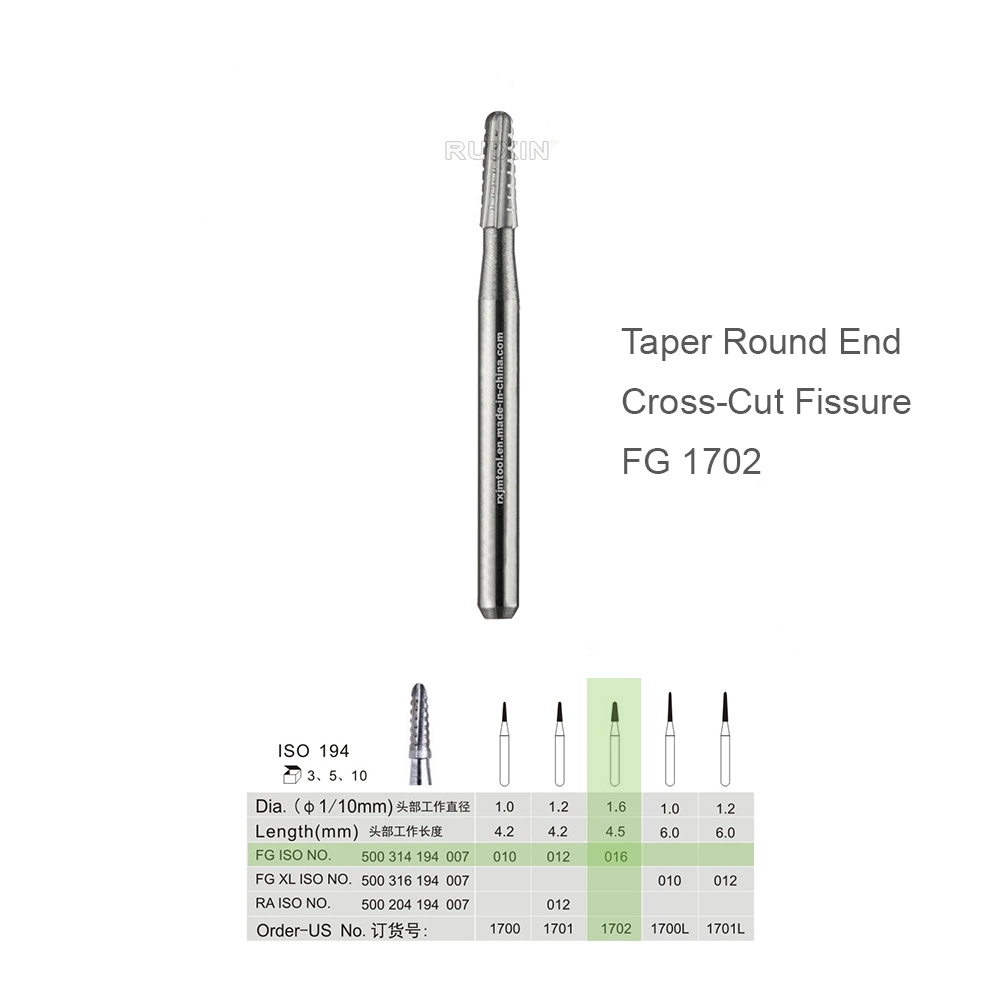 Dental Clinic Drilling Products Manufacturer FG Shank Round End Taper Cross Cut Fissure Orthodontic Cemented Carbide Bur FG-1702