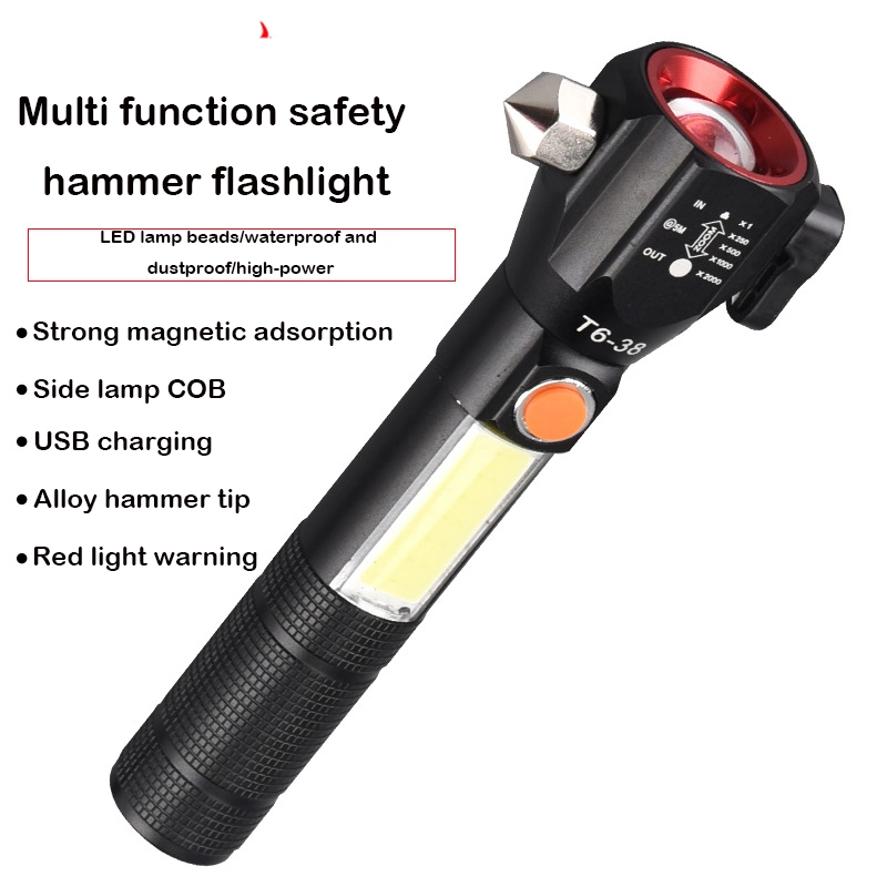 Security Emergency LED Rechargeable Tactical Flashlights Safety Hammer with COB Side Light