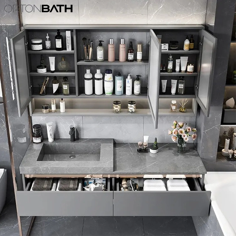 Ortonbath Grey Concrete Wall Mount Above Counter Ceramic Sink Bathroom Slate Vanity Unit Cabinet Artificial Stone Bathroom Furniture with LED Mirror Cabinet