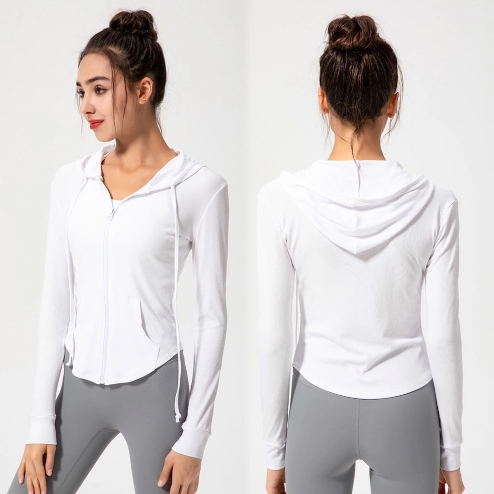 New Design Cute Slim Fit Long Sleeve Athletic Running Hooded Jacket with Full Zipper, Custom Daily Ball Sports Fitness Hoodies with Side Pockets for Women