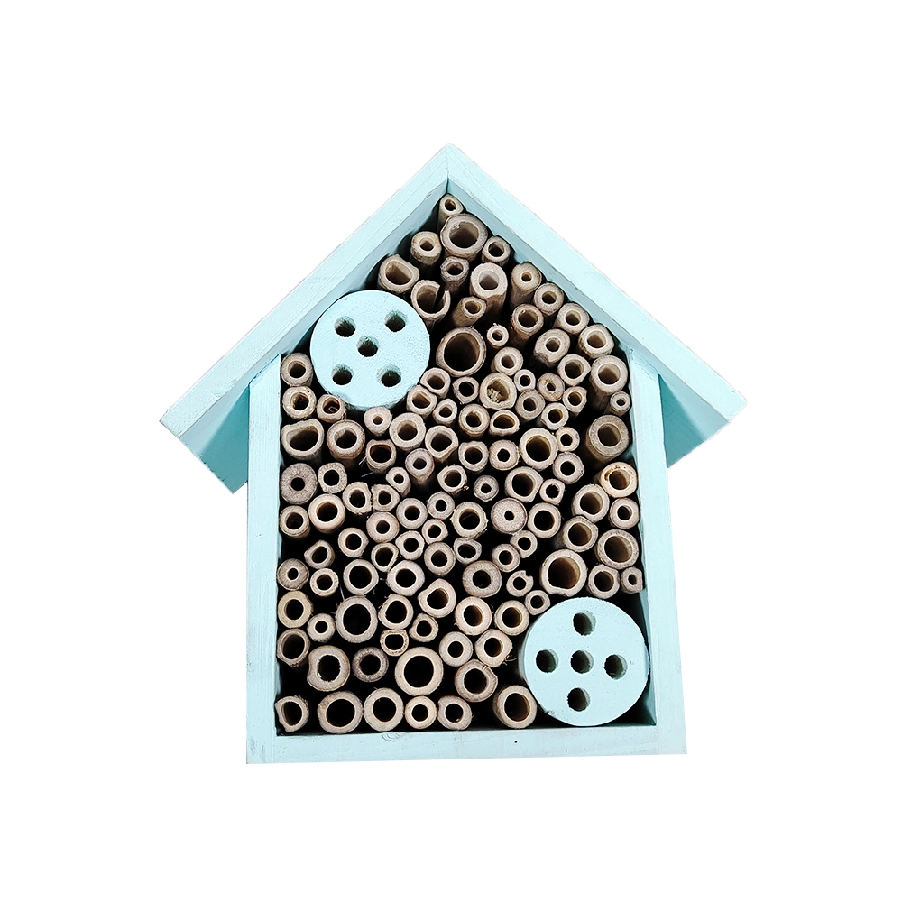 Custom Color Soild Wood House Shape Blue Wooden Insect Hotel with Bamboo Tubes