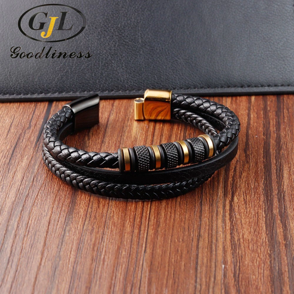 Fashion Jewelry Stainless Steel Leather Bangle Braided Bracelet for Men