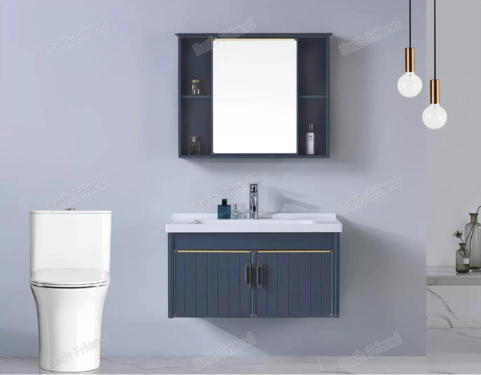 Modern Blue Bathroom Cabinet Door Double Handle Ceramic Sink Basin Makeup Aluminum Cabinet Basin Wall Mounted Vanity