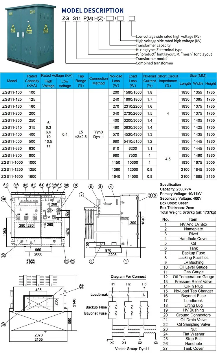 Zgs11 200kVA 10kv 10.5kv 11kv 400V Outdoor Pad Mounted Oil Power Transformer Substations Box Type