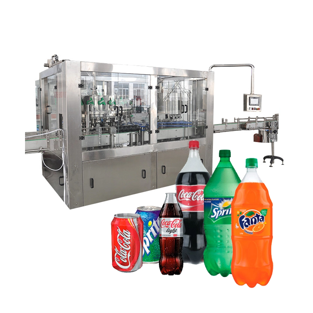 3 en 1 Ligne de production automatique complète de boissons gazeuses en bouteille en verre, en canette en aluminium et en bouteille en plastique pour boissons gazeuses, eau gazeuse et soda