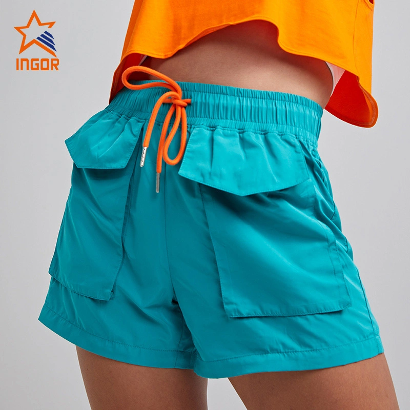 Ingorsports Contrast Color Binding Short with Pockets for Bike Sports Running Workout Fitness Athletic Wear