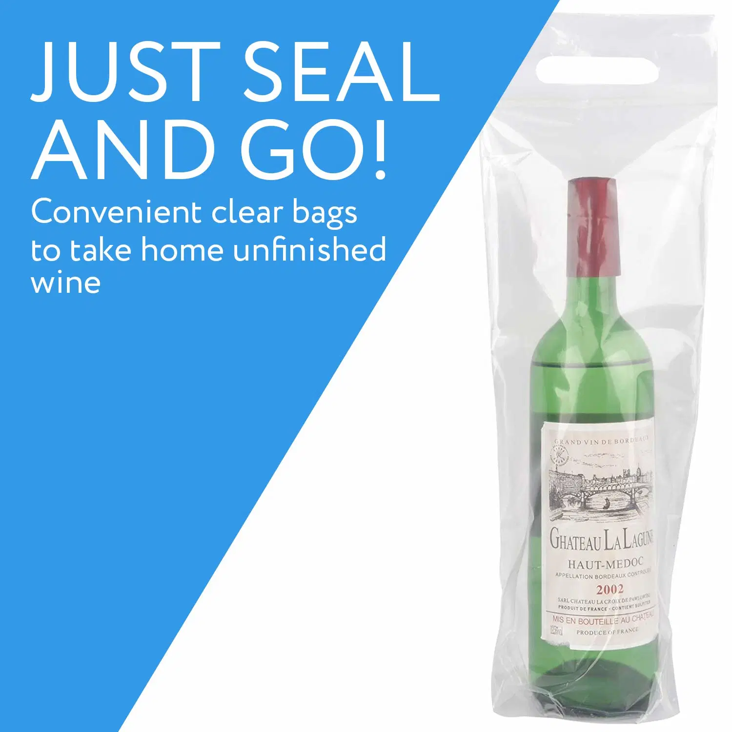 Vino para ir de plástico transparente bolsas con asas ideal para restaurantes, bares, viajes y Regalos - Housewarming encaja 25 Oz botellas - Junta de la prueba de manipulaciones