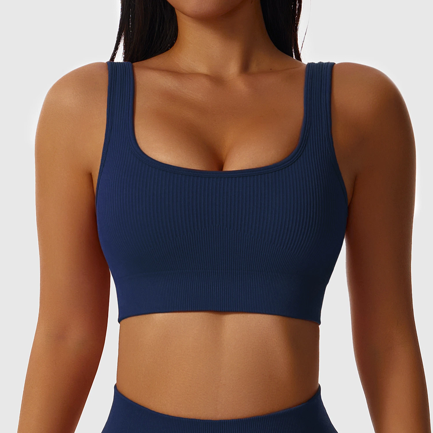 Seamless Ribbed Sports Bra Running Yoga Bra High Strength Shockproof U-Neck Sports Underwear Tank Top Fitness Sports Bra