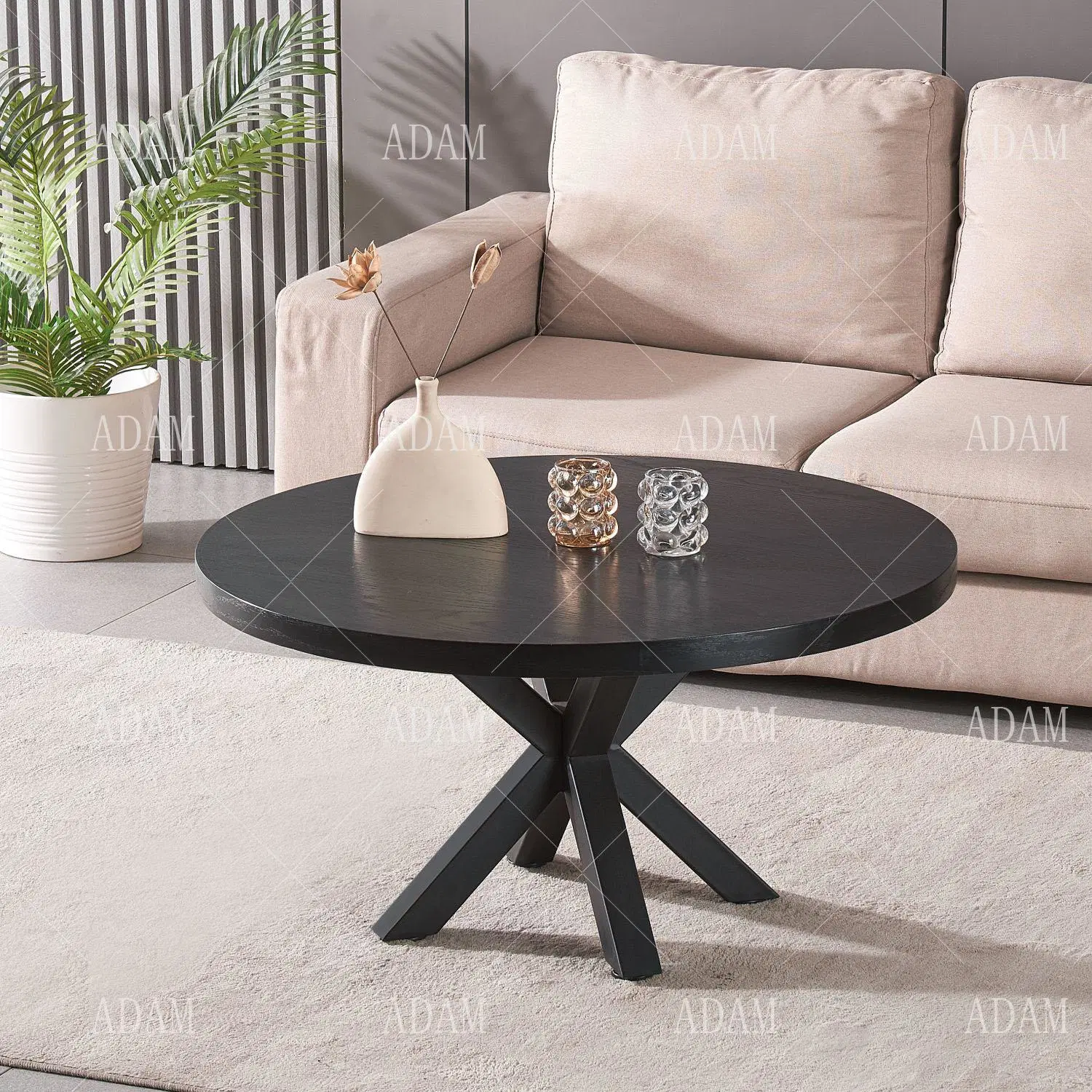 Industrial Table Metal Wooden Round Coffee Table with Black Veneer Leg Top