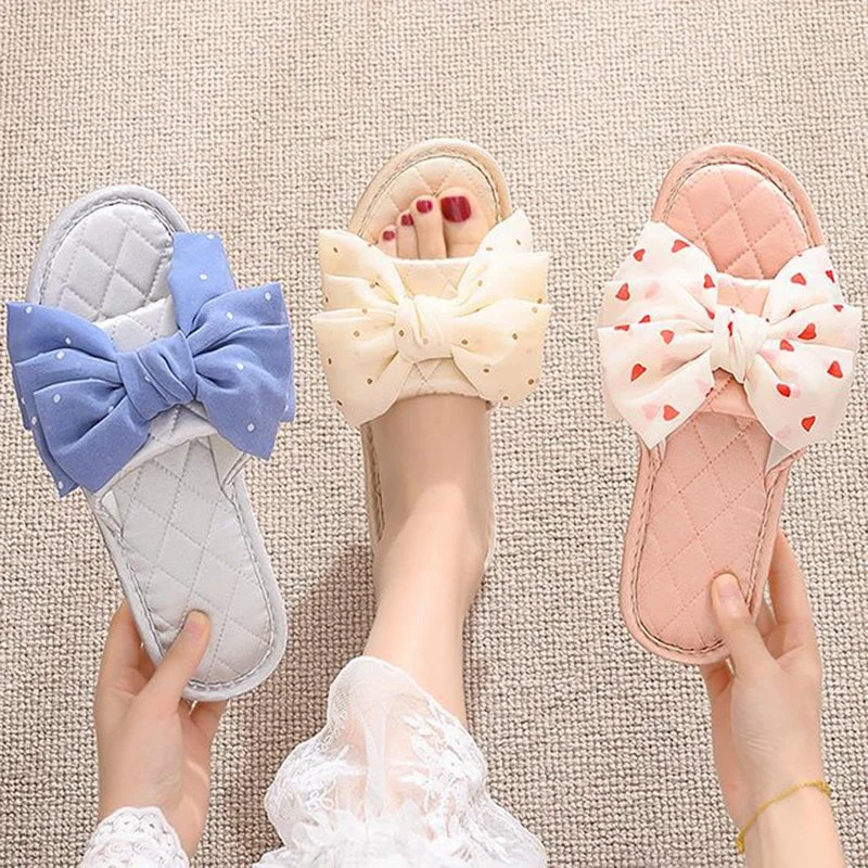 Spring Summer Home Satin Flat Slippers Open Toe Bow Tie Linen Sandals