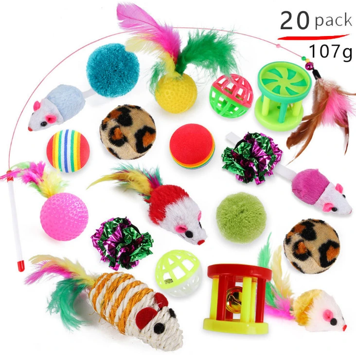 Dono 20PCS Cats Feather Toys-Kitten Interactive Pet Toys Assortments (2 or 3 Way Hole Tunnel) Cat Feather Wand Fun Ball Chew Sticks, Fluffy Mouse, Fake Mice