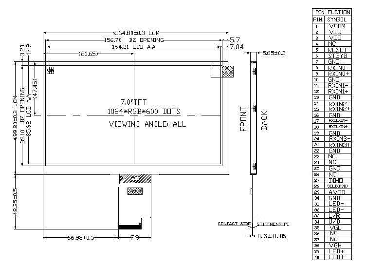 7 Inch 800X480 High Brightness TFT LCD Screen ODM