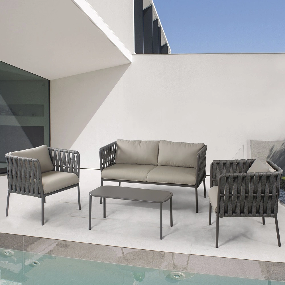 Modern Style Home Outdoor Garden Furniture Set 4 Seater Patio Aluminum Rope Sofa