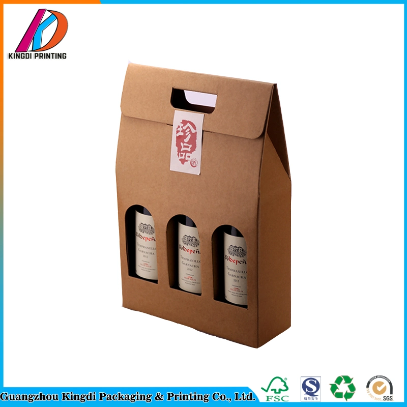 Custom E-Flute Corrugated Paper Packaging 2 Bottles/3 Bottles Red Wine Box with Handle