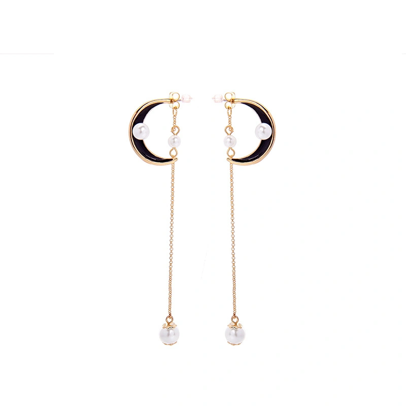 Fine Jewelry 925 Silver Moon Shape Design Enamel Pearl Earrring