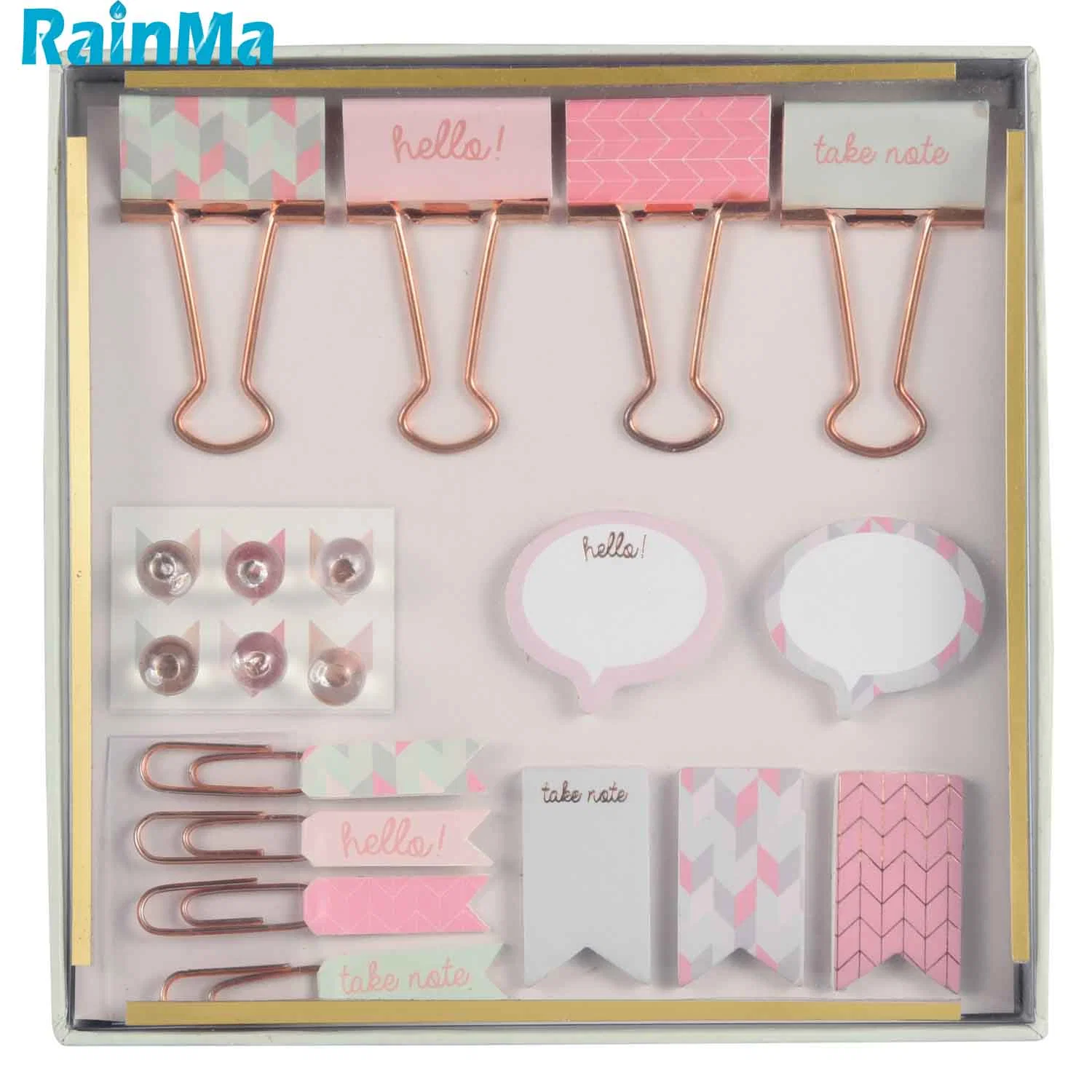 Office School Lovely Metal Stationery Set Rose Gold Paper Clip Juego de encuadernadora autoadhesiva