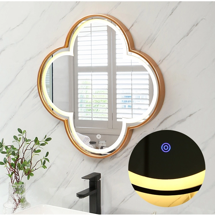 Golden Metal Frame Irregualr Flower Design LED Smart Decorative Wall Bathroom Mirror