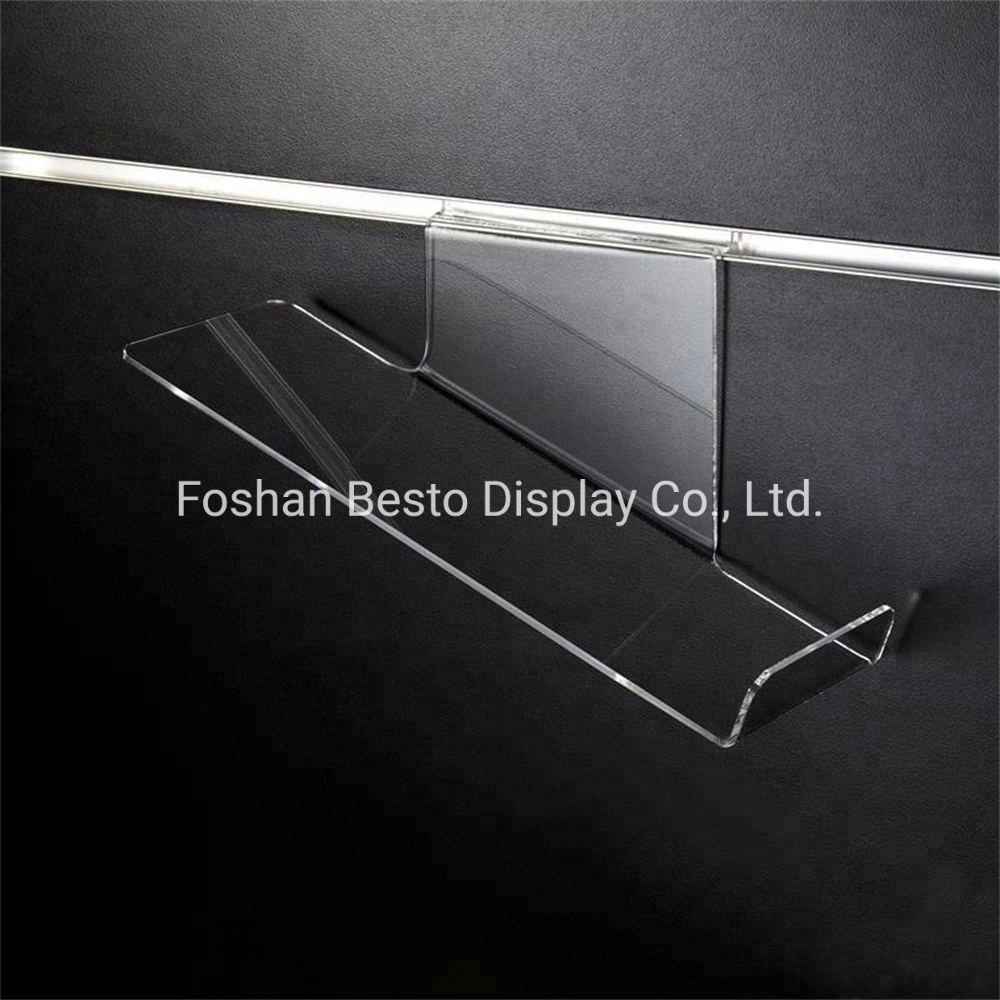 Best Seller 4'' Clear Acryl Slide Form Frauen Schuhe Halter Regale für MDF Slatwall Shop Decoration Show