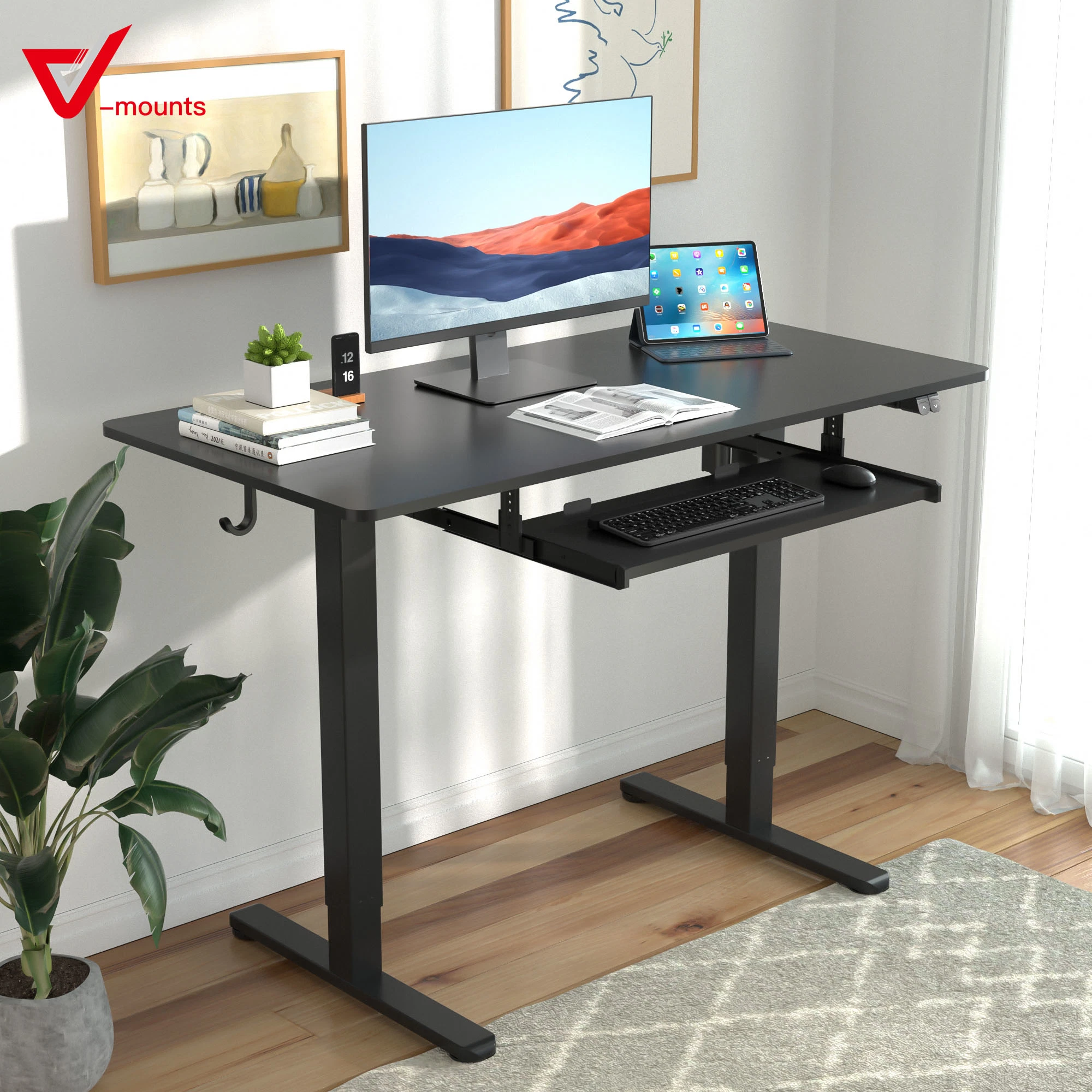 V-Mounts L Shape Standing Desk مع صينية لوحة المفاتيح وسماعة الرأس الخطاف