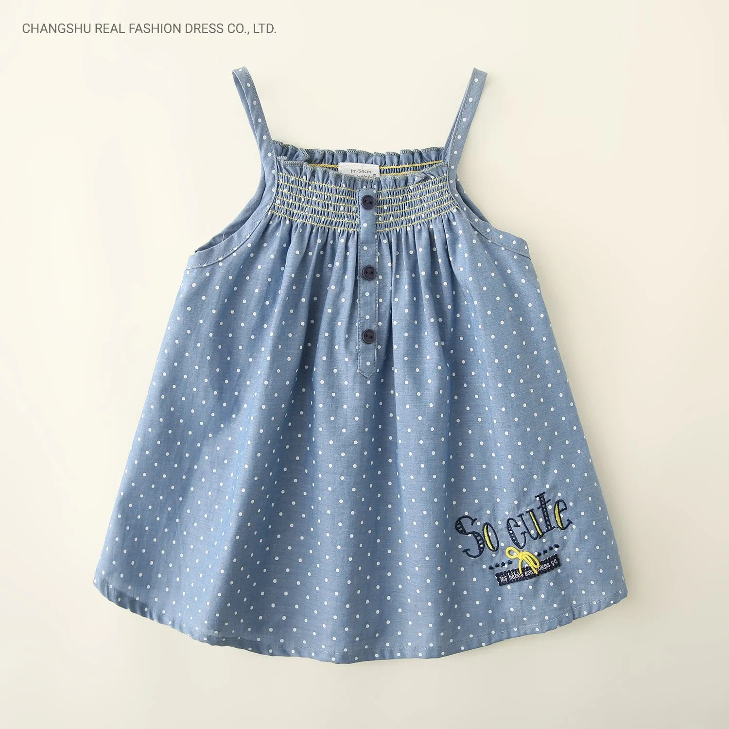 Girl Children Clothing Kids Chambray Dress Wear with Print Dots and Embroidery