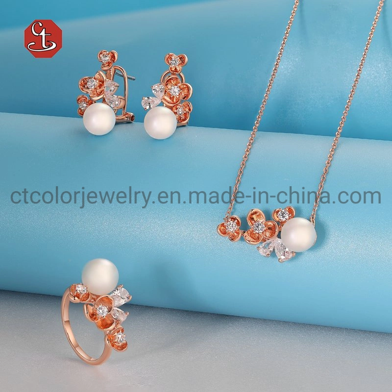 Roségold überzogen, 925 Silberringe, Anhänger, Ohrring Schmuck-Set mit Perle