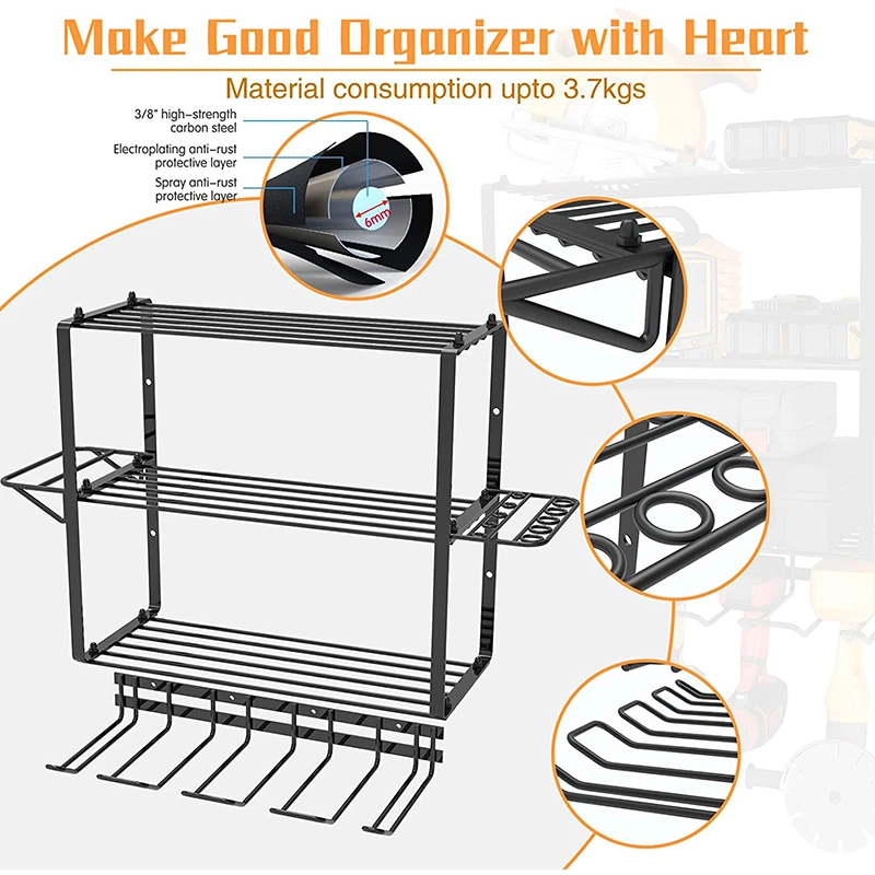 Amazon New Design 4 Tier Metal Power Tool Storage Organizer Garage with 4 Drill Other Tool Storage