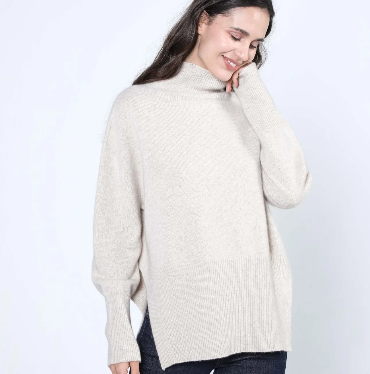 Fenda longa Senhoras fashion Turtleneck Cashmere Pulôver suéter