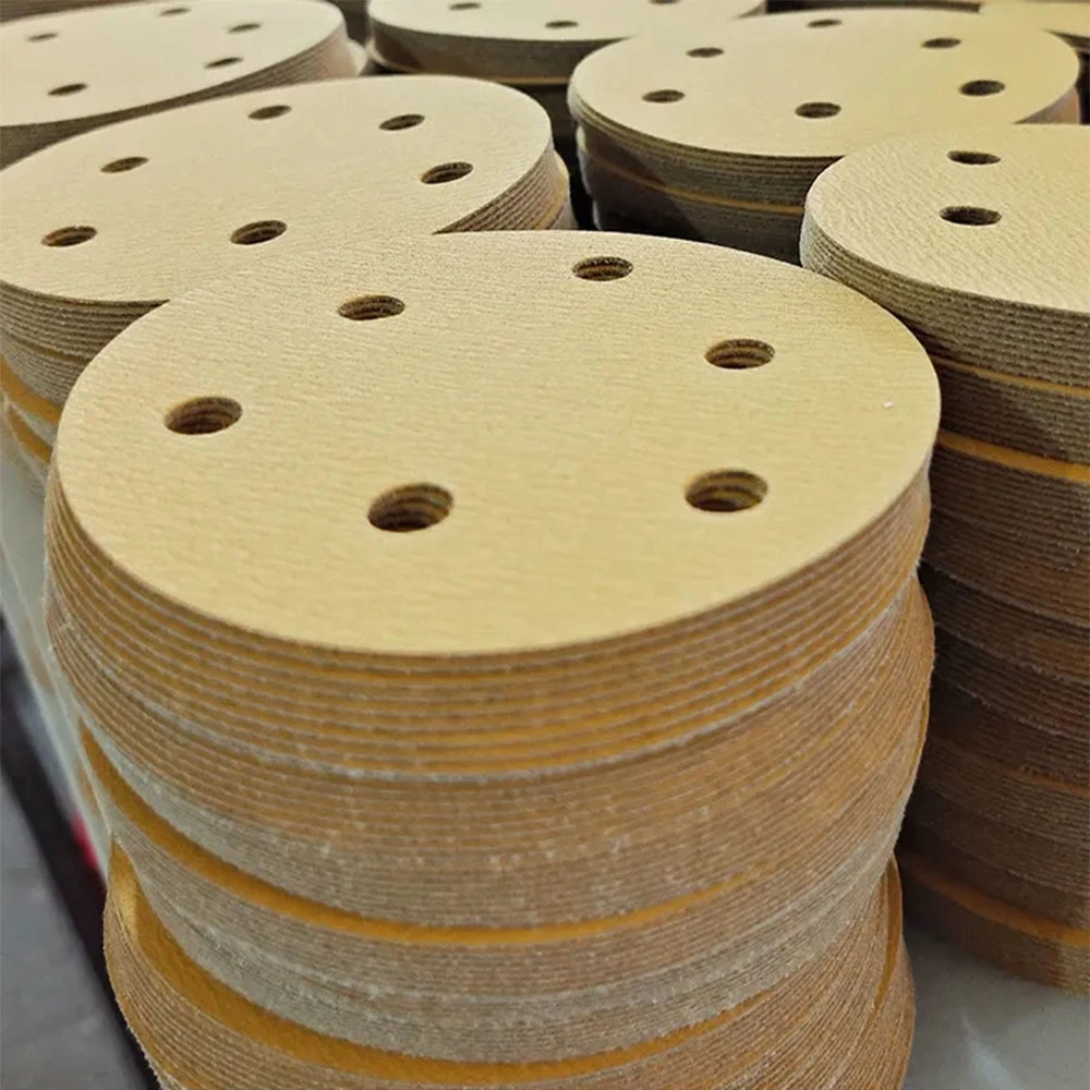 Free Sample P60-P800 Dry Schleifplatte Abrasive Sanding Paper Gold Yellow Round-Adhesive Sandpaper Discs Automotive Sand Paper