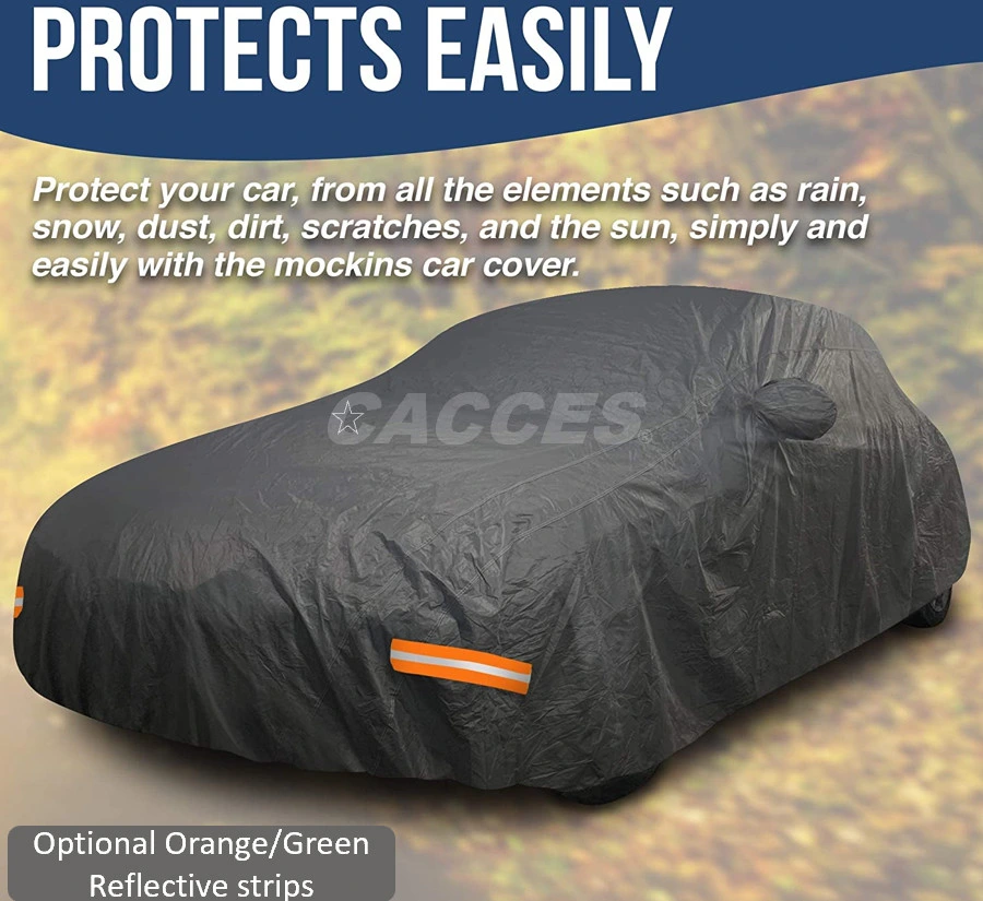 Protección de coche extra gruesa Cacces con forro de algodón de PVC de 250g, resistente para sedanes, SUV, MPV. Cubierta de coche impermeable con bolsillos para almacenamiento y rayas reflectantes en los espejos.