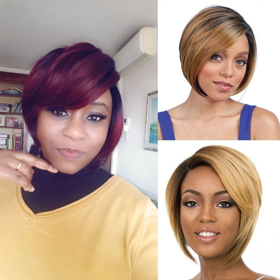 Human Hair with an 8-Inch Side Part Short Colored Wig