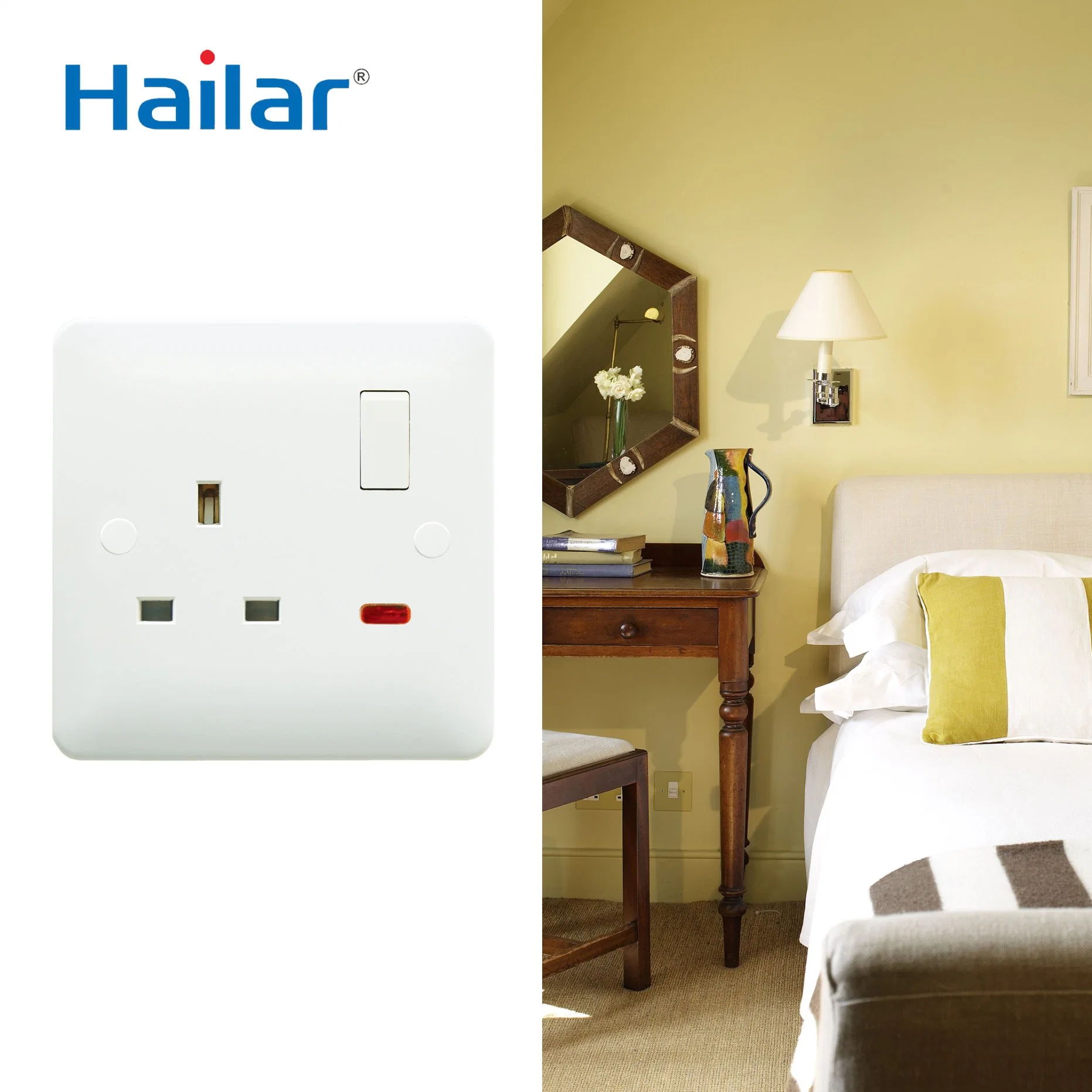 Wall Switched Socket with Button with Neon UK Standard