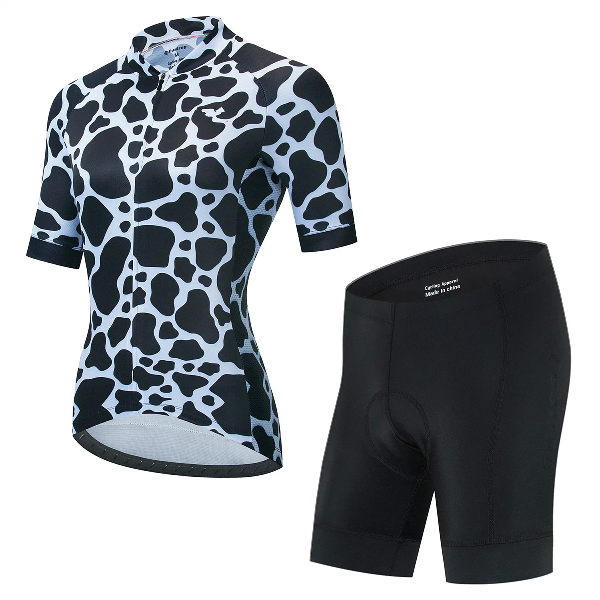 Custom Cow Printed Ladies Short Sleeve Riding Bike Ciclismo Conjunto de pantalón corto de punto Jersey con cremallera completa para el verano