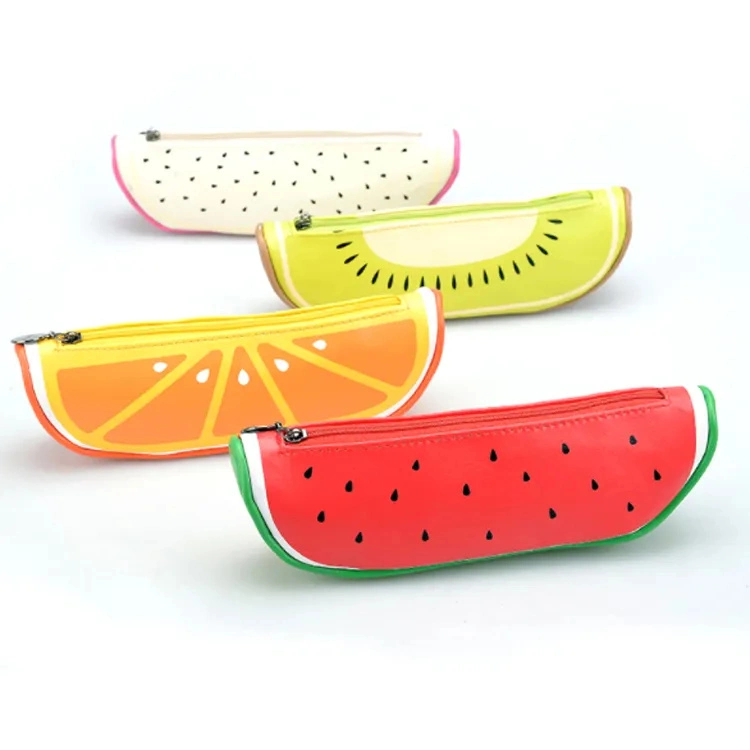 Fast Shipping School Stationery Soft Silicon Pen Organizer Bag Watermelon Fruit Orange Kiwi PU Leather Super Cute Pencil Case