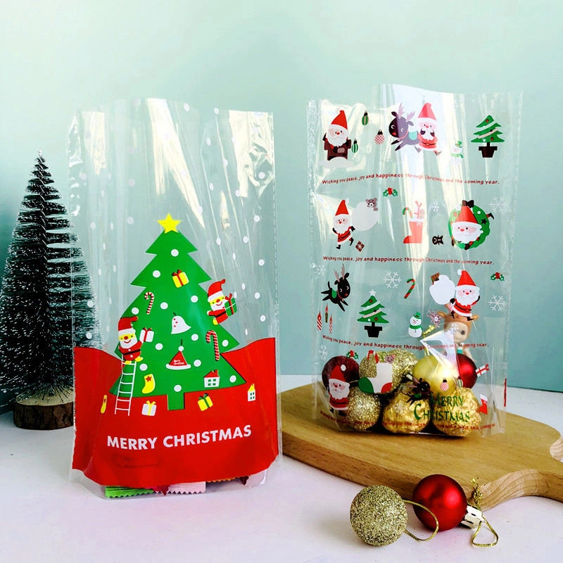 Weihnachten biologisch abbaubare Custom Cellophane Taschen Runde Zwickel transparent OPP Kunststoff Quadratische Flache Boden Cookies Süßigkeiten Schokolade Tasche Beliebt