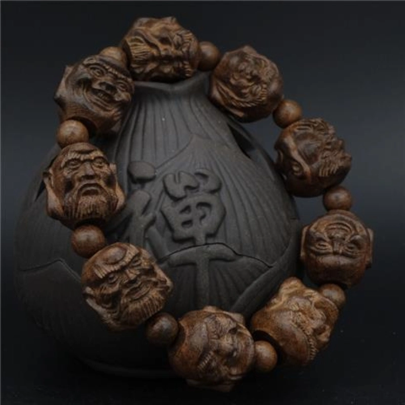 Agarwood esculpida quatro Buda 18 Arhat Buda Bead pulseira escultura