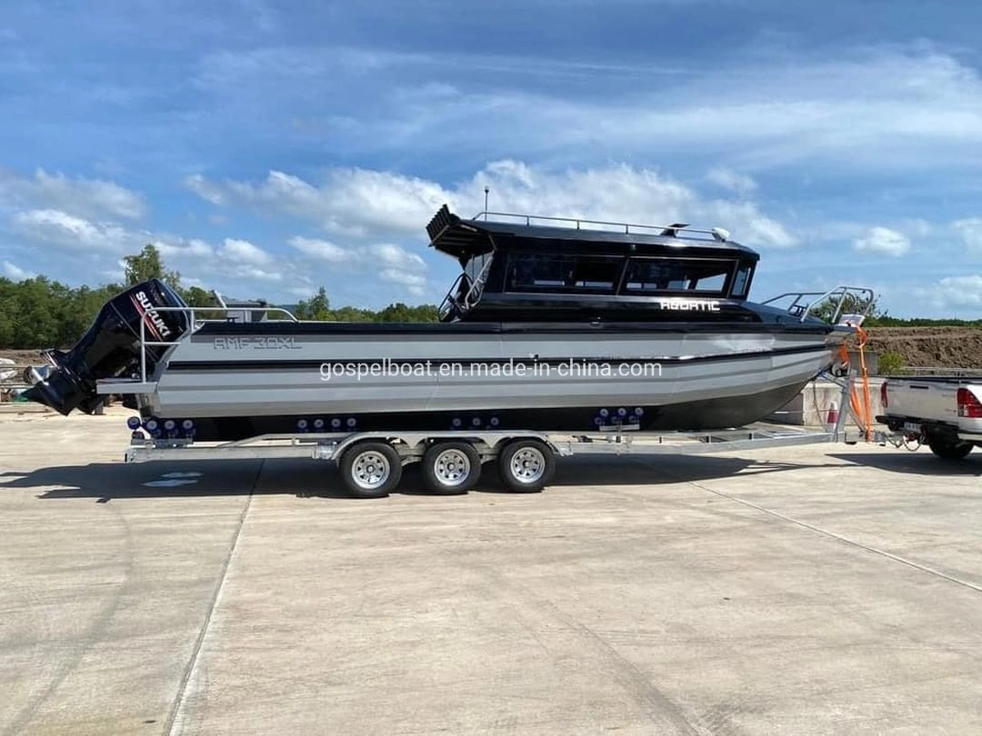 Comercio al por mayor barco de pesca fábrica de aluminio-29.5FT artesanal Pesca barcos de aluminio de fácil Cabin Cruiser Pontoon Boat