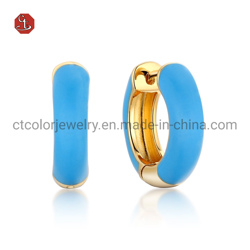 Plata 925 chapada en oro 18k de esmalte azul gancho de pendientes Joyería círculo