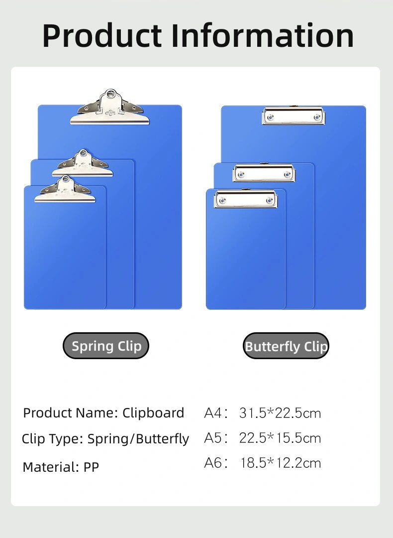 2.0mm Thick PP A4 Size 31.5*22.5cm Clipboard Clip Board with Butterfly Clip for Business, Office, School or Restaurant Stationery
