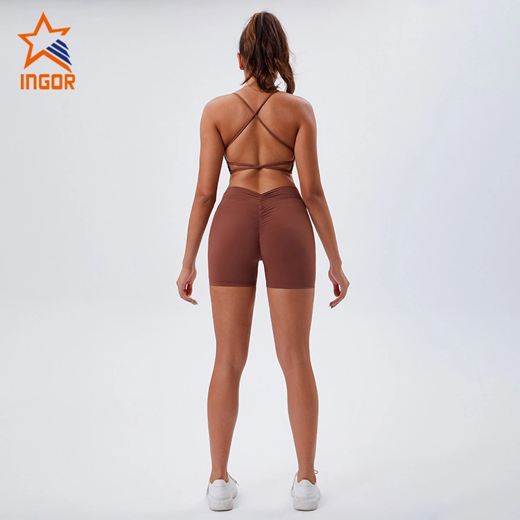 Ingor Sportswear Workout Wholesale/Supplier Clothing Eco Friendly V-Neck Slim Strap Yoga Bra & V-Waist Peach Hip Lifting Biker Shorts Sets, Activewear Fitness Gym Wear