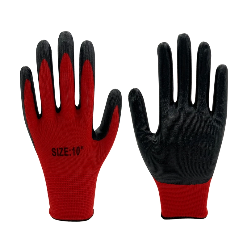 13guage Guantes de nilón de Trabajo nitrilo Concha de poliéster rojo con recubrimiento de nitrilo Guantes de trabajo con guantes de nylon recubiertos de palmera azul con logotipo de impresión