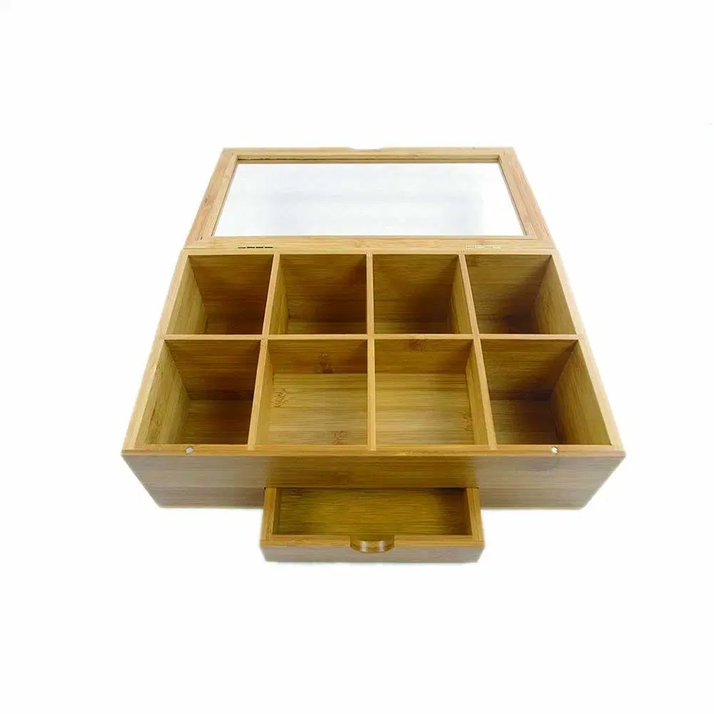 Wood Bamboo Tea Storage Bag Box Organizer Holder Sorter Box Compartments with Clear Lid Bb-7103