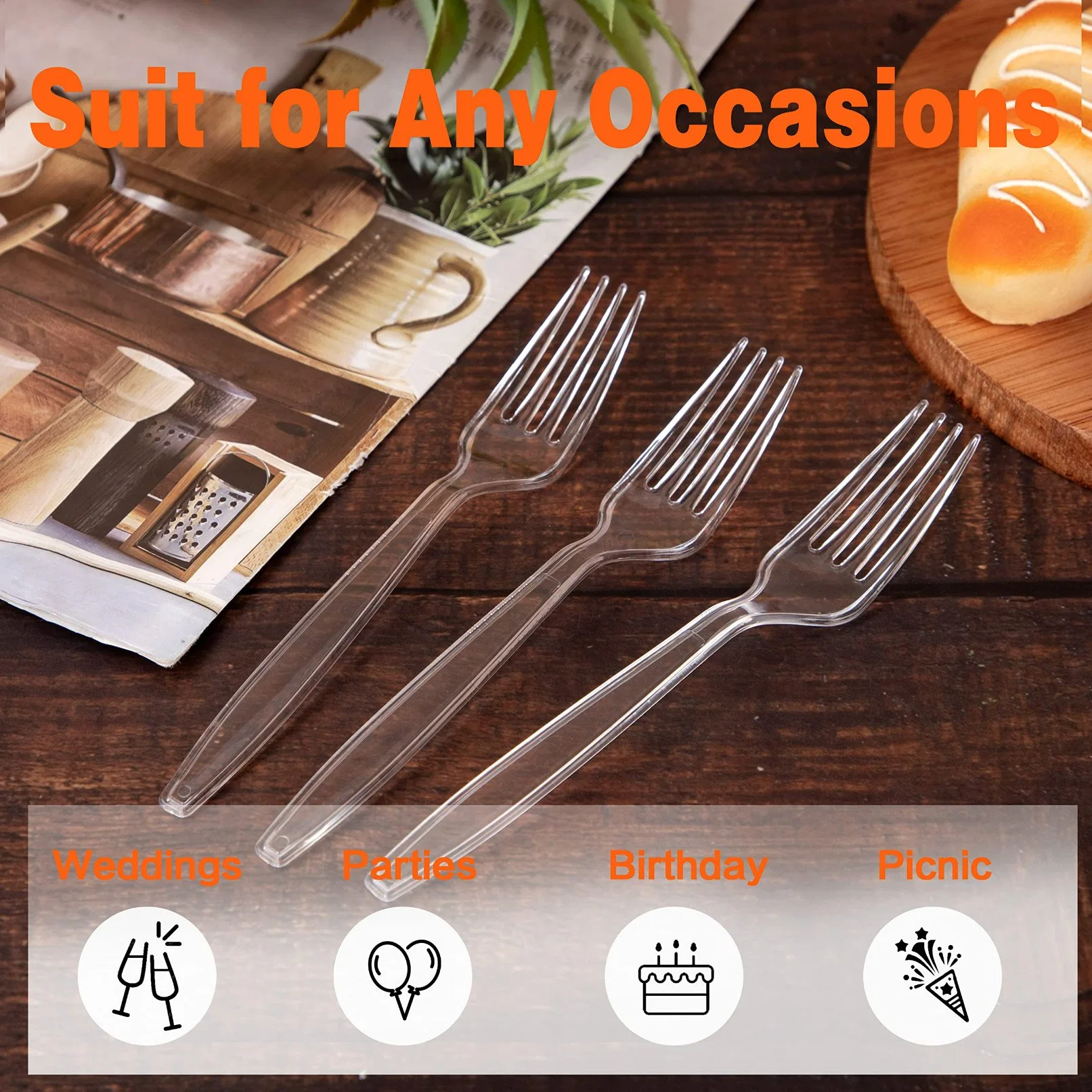 10PCS Wholesale/Supplier Clear Plastic Disposable Forks Heavy Duty Clear Cutlery Forks