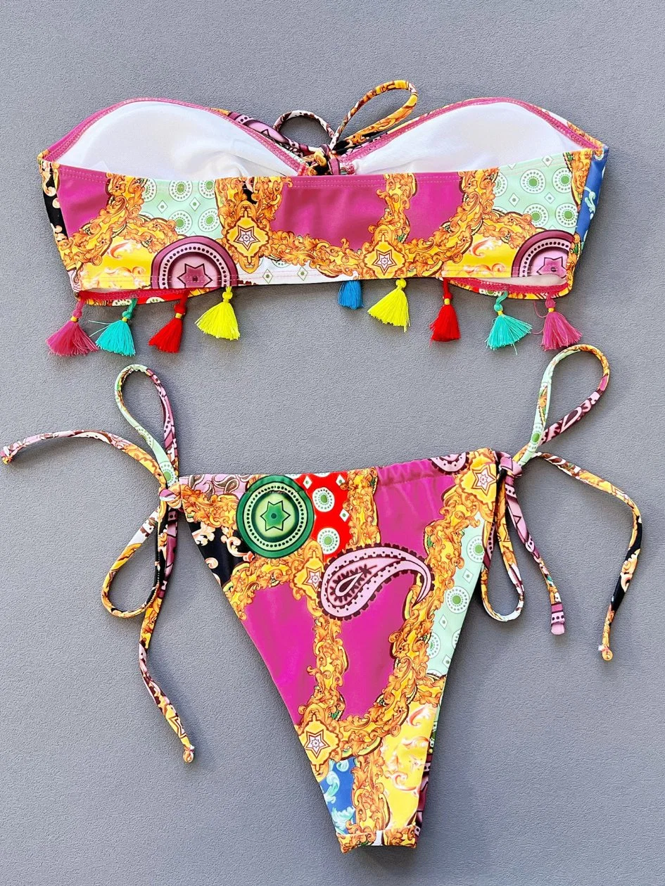 Women Swimsuits Bandeau Micro Bikini Set Printed Swimwear Bather Swimming Beach Wear