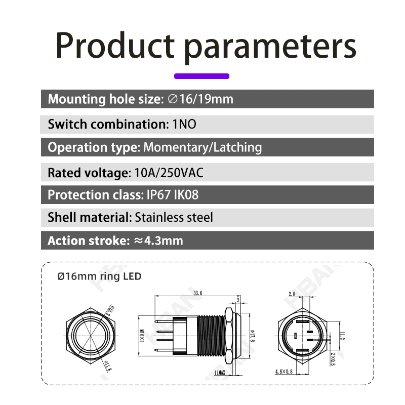 Momentary Switch Normally Open Button 10A 19mm Latching Round 12V Stainless Steel