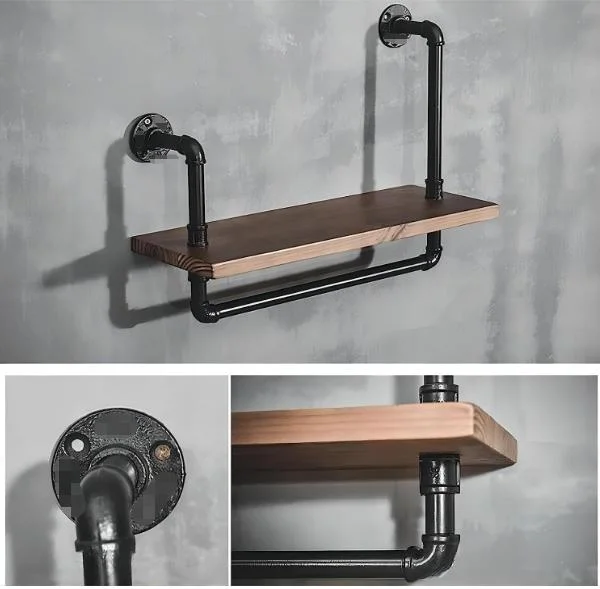 Wall Mounted Pipe Shelving with Wood Rustic Black Pipe Floating Shelves for Bathroom with Towel Holder and Detachable Hooks