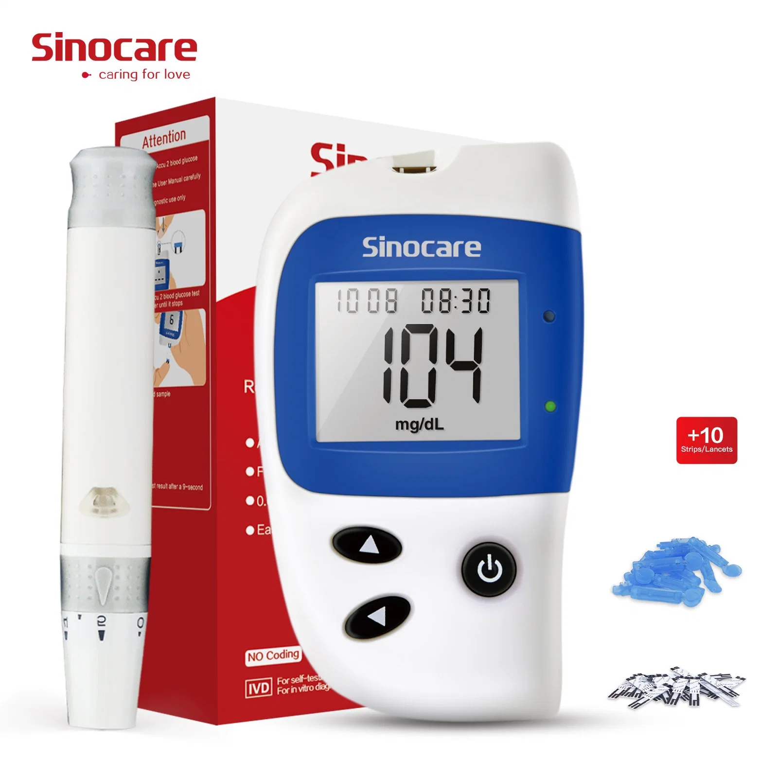 Medidor de glucosa en sangre Sinocare Kit de monitor de glucosa en sangre, cuatro cajas de tiras de prueba de glucosa en sangre, un medidor de glucosa en sangre