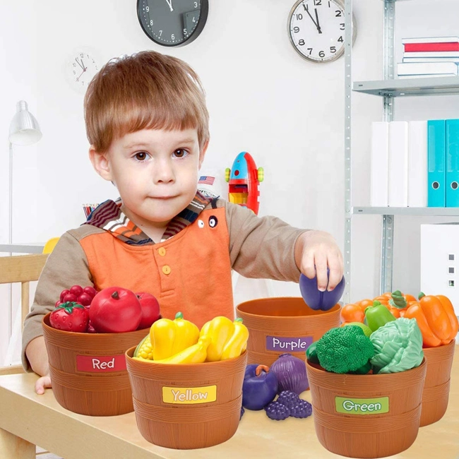 Tombotoys Wholesale/Supplier Children TPR Vegetable and Fruit Five Color Bucket Toy Set Kids Pretend Play Kitchen Food Set Color Sorting Fun Fruit Toy Food Play Set