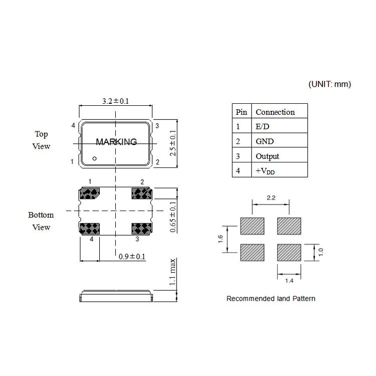 OSC-SMD3225 6,000 ميجا هرتز-40000 ميجا هرتز 3,2*2,5 مم حجم 1,8 فولت~3,3 فولت 20 صفحة في الدقيقة~100 صفحة في الدقيقة ساعة الكوارتز المتوفرة XO مذبذب متأرجح كوارتز كريستال