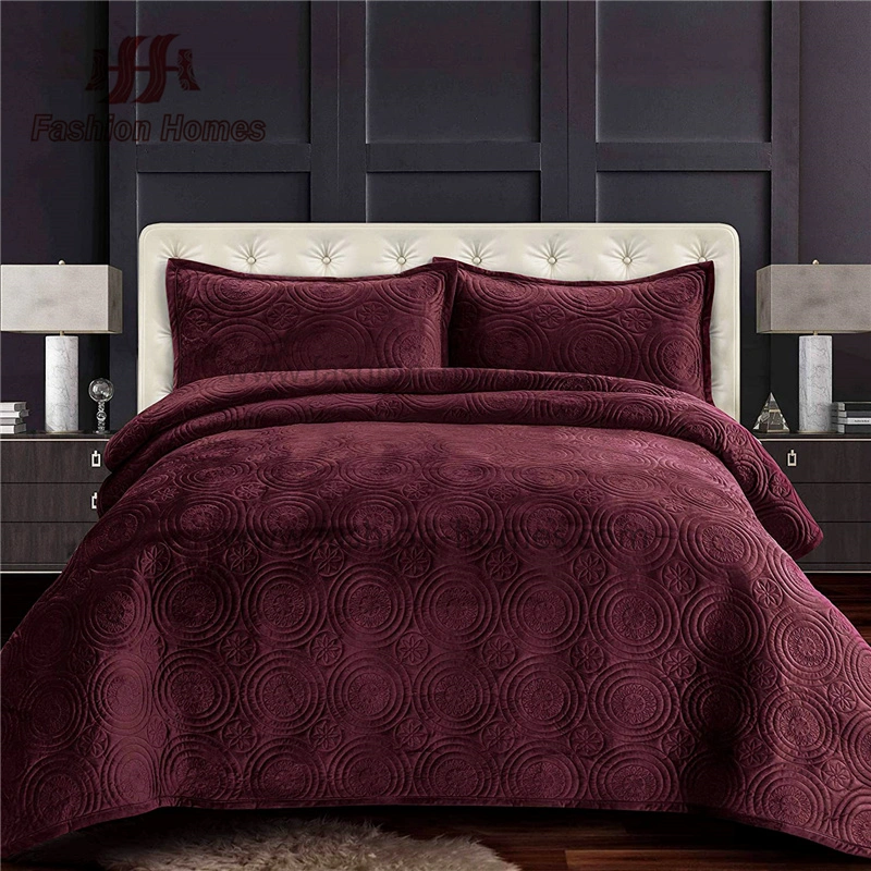 F-3175 Circle Pattern Dutch Velvet Embroidery Oversized Solid Quilt Bedding Set