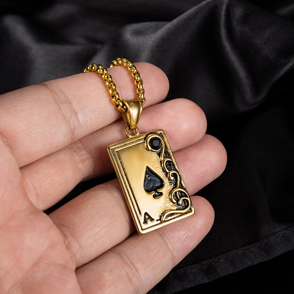 Hip Hop Jewelry Playing Card Ace of Spades Pendant Cool Fashion Men's Stainless Steel Necklace